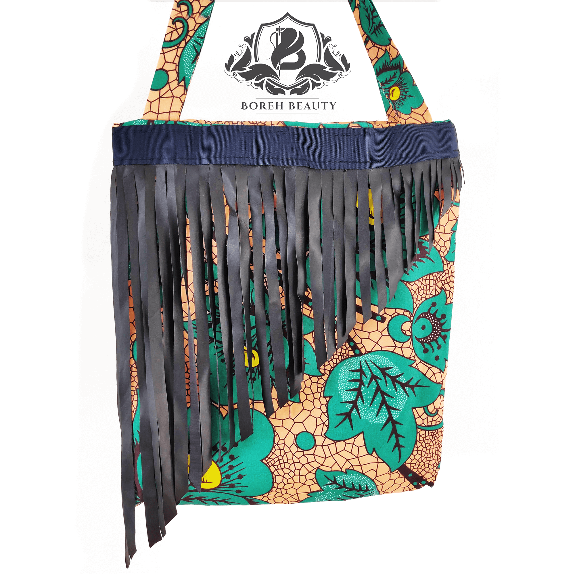 African Print Tote with Faux Leather Fringe Trim