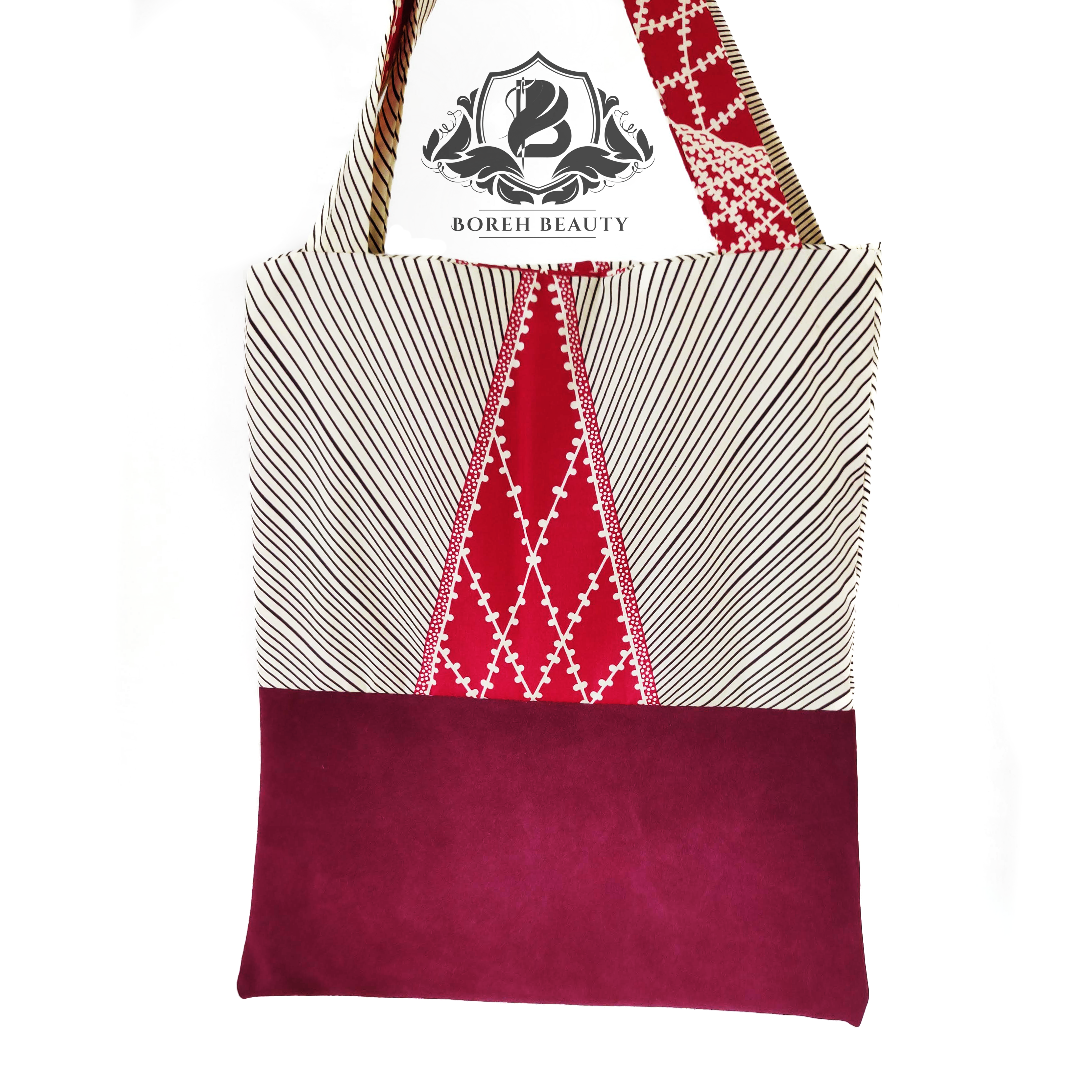 Red African Print Tote with Red Suede Accent
