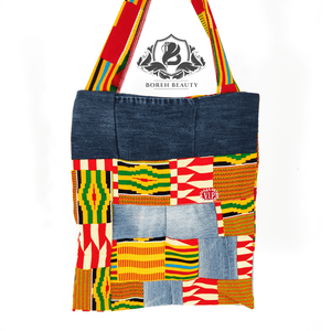 Kente African Print Tote with Jeans Top Accent